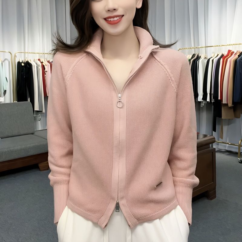 双拉链高领刺绣针织开衫外套女春秋新款运动休闲风气质减龄上衣潮