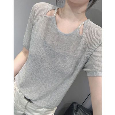 欧洲站夏新款冰丝针织衫女设计感钉珠气质宽松显瘦露锁骨短袖上衣