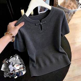 大码 200斤 高级感盘扣冰丝短袖 T恤女夏季 上衣 独特镂空小衫