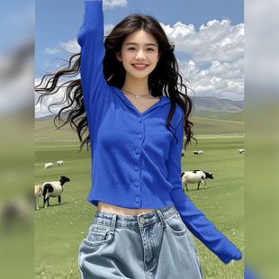 短款 显瘦长袖 chic上衣欧若风 女春秋穿搭修身 克莱因蓝连帽针织开衫