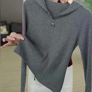 大码 显瘦上衣潮 胖mm休闲百搭气质灰色拉链设计感连帽外套秋冬修身