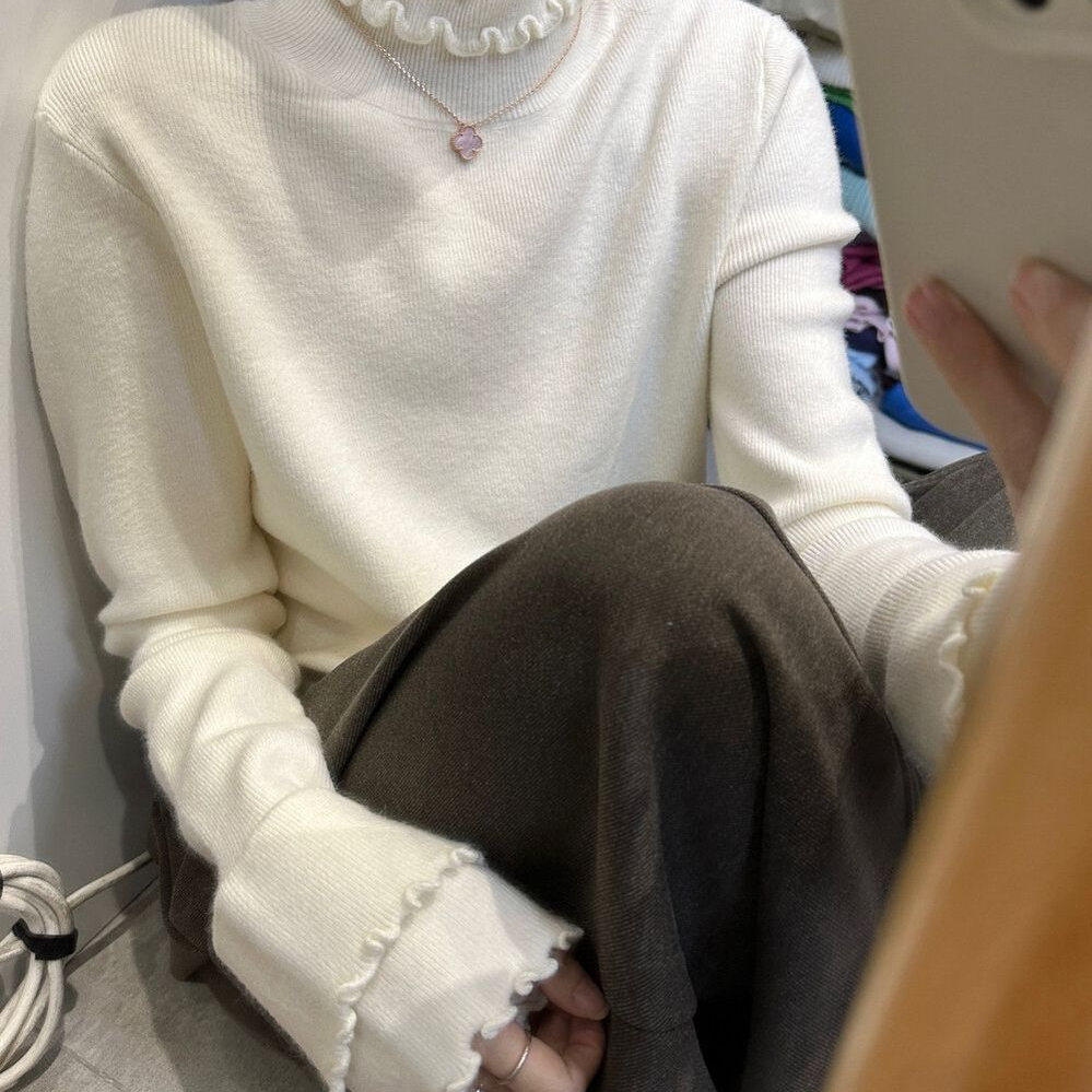 韩系木耳边双层袖设计女加厚冬季新款百搭显瘦高领花边针织打底衫,女装/女士精品,毛针织衫,淘宝优惠券,粉丝福利购,淘宝优惠卷