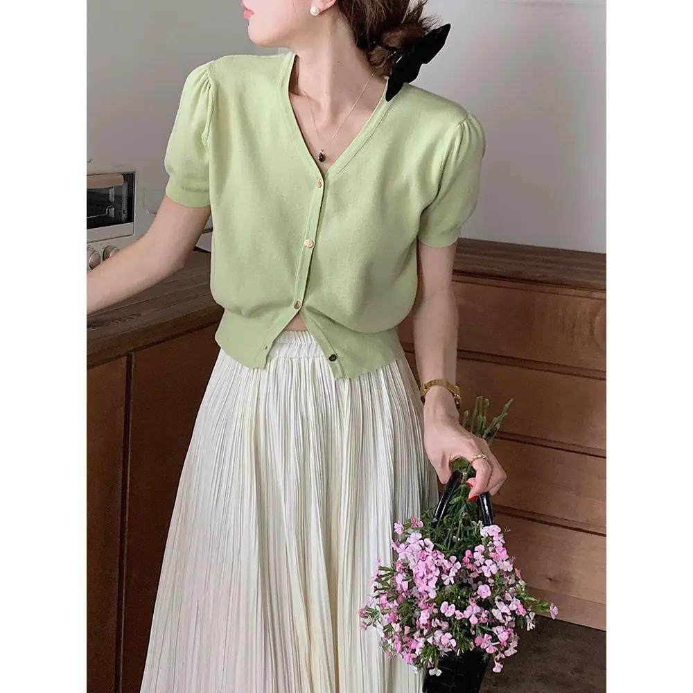 法式短袖t恤女夏薄牛油果绿泡泡袖针织小开衫冰丝短款v领上衣外套,女装/女士精品,毛针织衫,淘宝优惠券,粉丝福利购,淘宝优惠卷