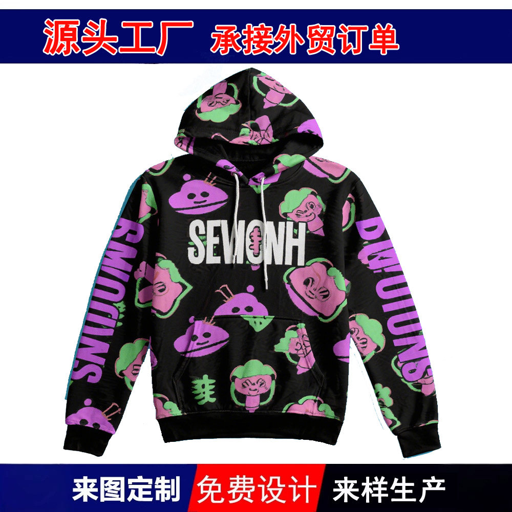跨境热升华全身印卫衣定制上衣男式欧美风格满印帽衫订做logo工厂