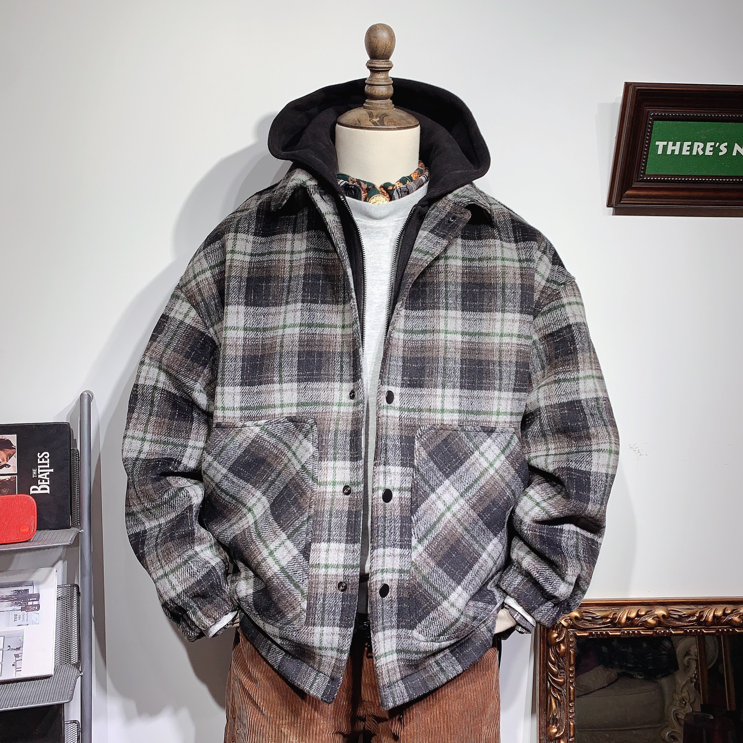 羊毛连帽外套男士冬季加绒加厚新款宽松时尚格子拼色情侣款2025潮