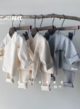 韩国进口peekaboo新生婴儿秋冬纯色纯棉斜襟上衣高腰裤月子服套装