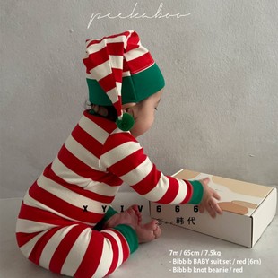 peekaboo韩国春秋新年圣诞气氛弹力长袖 宝宝爬服打底 包屁衣套装