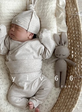 韩国进口正品童装peekaboo新生儿秋冬纯色婴儿纯棉斜襟上衣高腰裤