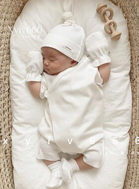 现货PEEKABOO韩国初新生婴儿纯绵春秋夏爬服套装斜襟连体衣护肚裤