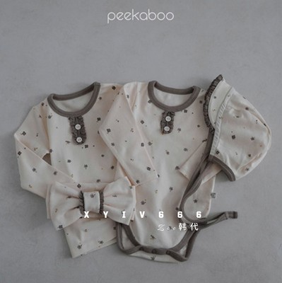 韩国进口peekaboo幼儿宝宝纯棉碎花爬服包屁衣修身弹力家居服套装