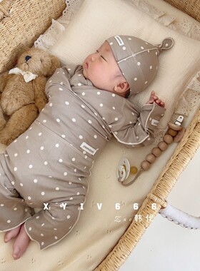 韩国进口peekaboo新生儿衣服秋冬圆点25新款纯棉月子服家居三件套