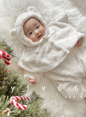 韩国进口冬款加绒保暖毛绒套装婴童婴儿冬款毛毛衣peekaboo
