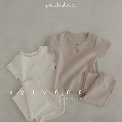 PEEKABOO韩国进口婴儿儿童纯绵爬服套装连体衣高腰护肚夏款家居服