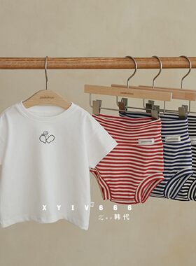 韩国peekaboo进口婴幼儿爱心刺绣T恤条纹包屁短裤宝宝分体套装ins