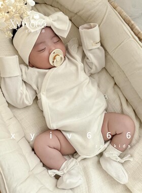 韩国进口PEEKABOO新生婴儿女宝宝纯棉飞袖爬服连体衣月子百天服