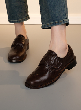 英伦风羊皮深口单鞋女粗跟一脚蹬简约通勤小皮鞋百搭圆头TPR底