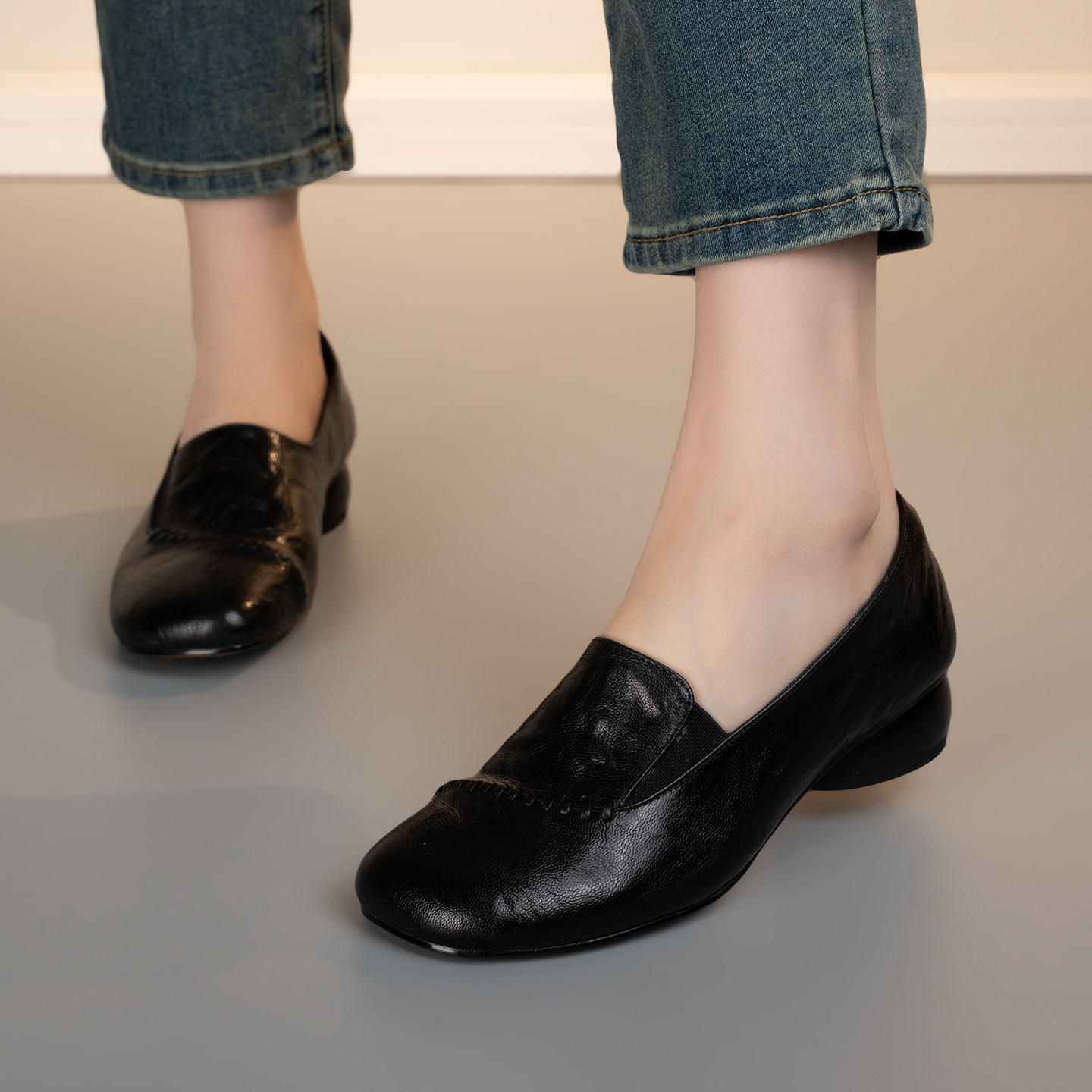 法式复古风深口单鞋女粗跟方头羊皮一脚蹬软底舒适低跟皮鞋通勤,女鞋,深口单鞋,淘宝优惠券,粉丝福利购,淘宝优惠卷