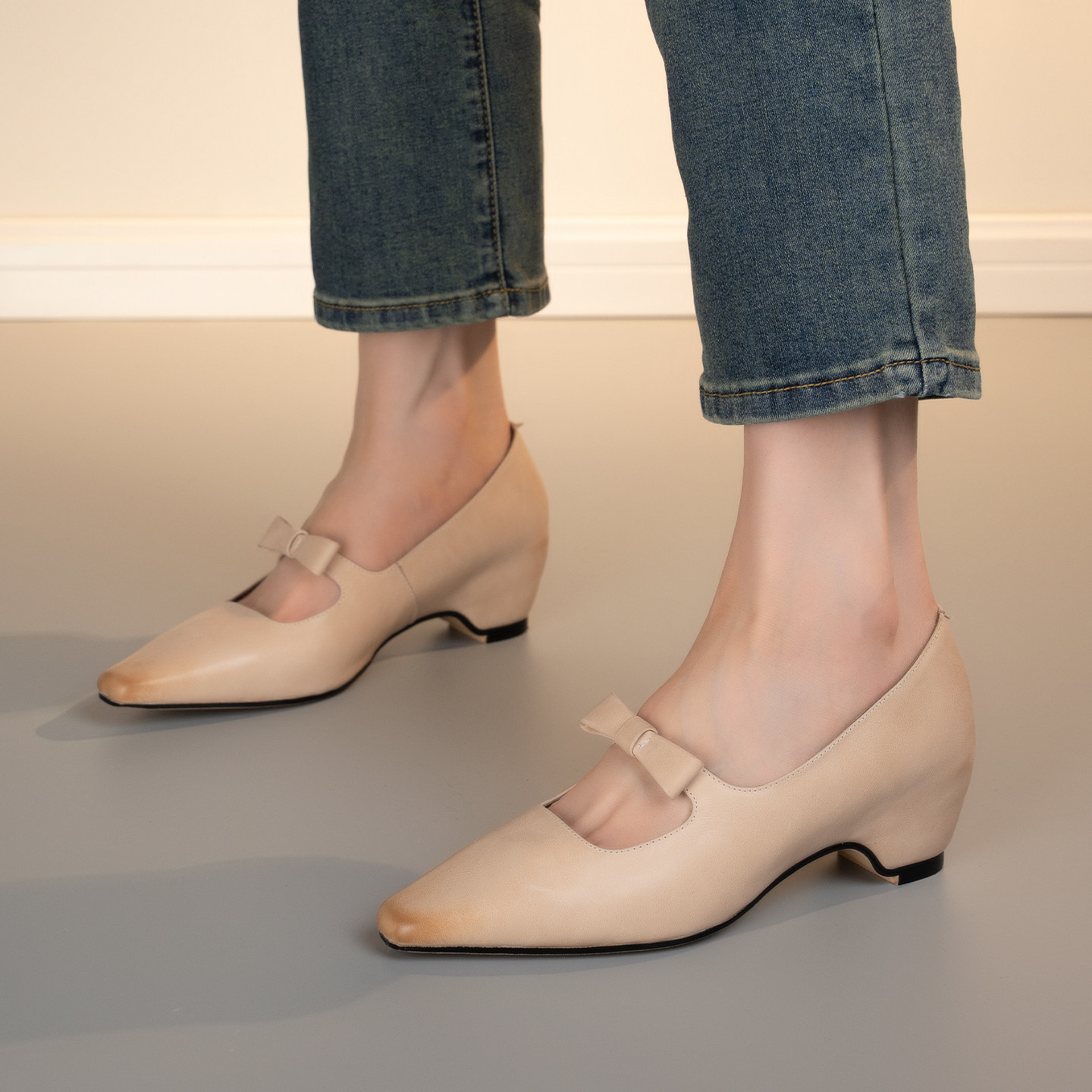蝴蝶结方头内增高玛丽珍鞋女中跟浅口单鞋通勤气质打蜡皮4.5cm跟,女鞋,浅口单鞋,淘宝优惠券,粉丝福利购,淘宝优惠卷