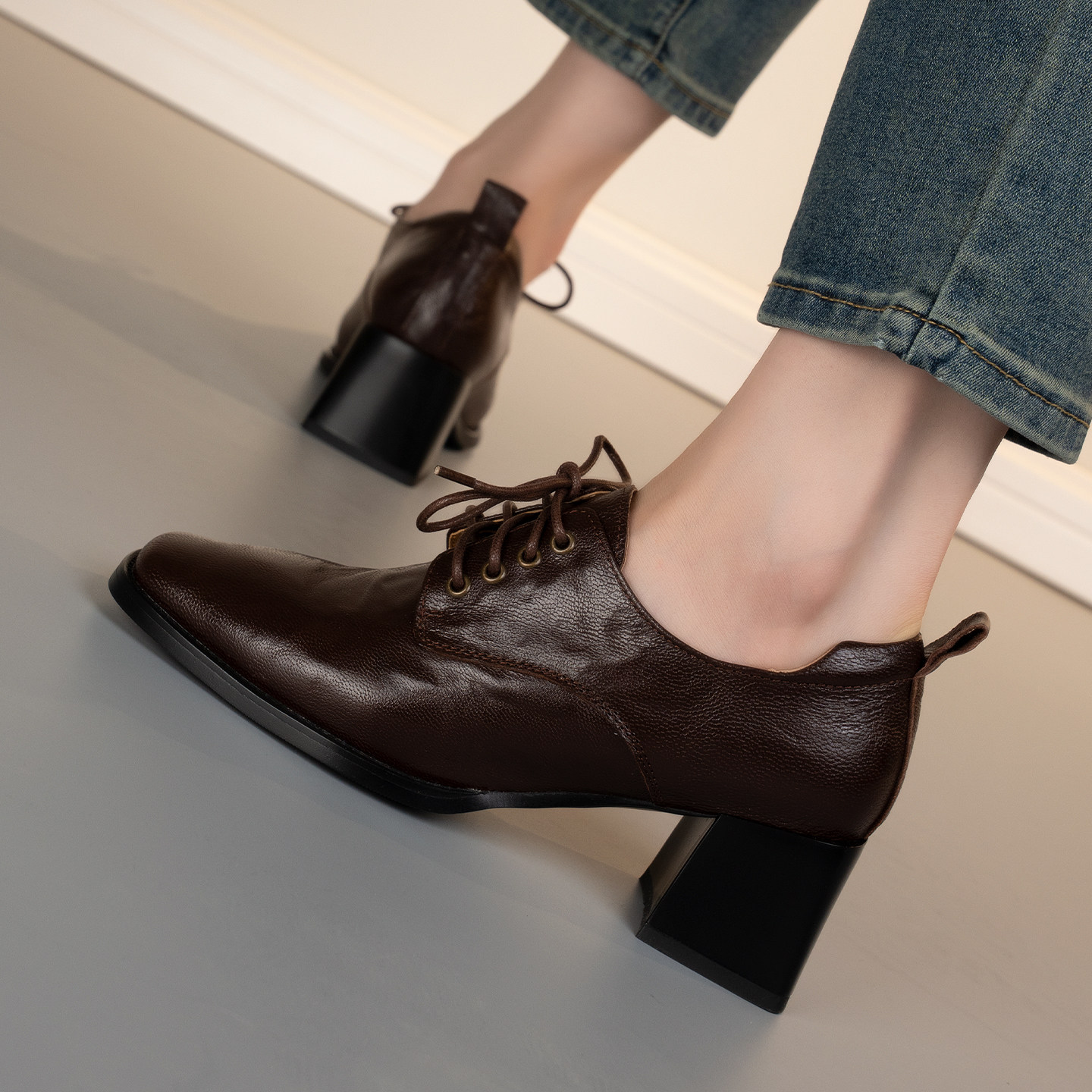 进口羊皮手抓花深口单鞋,里外头层皮方头一脚蹬粗跟时尚舒适系带,女鞋,深口单鞋,淘宝优惠券,粉丝福利购,淘宝优惠卷