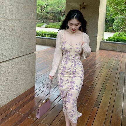 丁香与蝴蝶肤若凝脂唯美温柔性感美人鱼开叉蕾丝吊带连衣裙长裙女