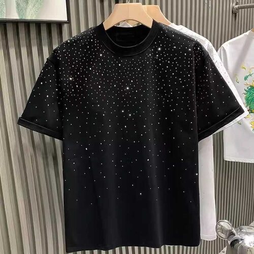 潮牌百搭潮流时尚圆领短袖T恤男士满天星烫钻修身短款打底衫半袖