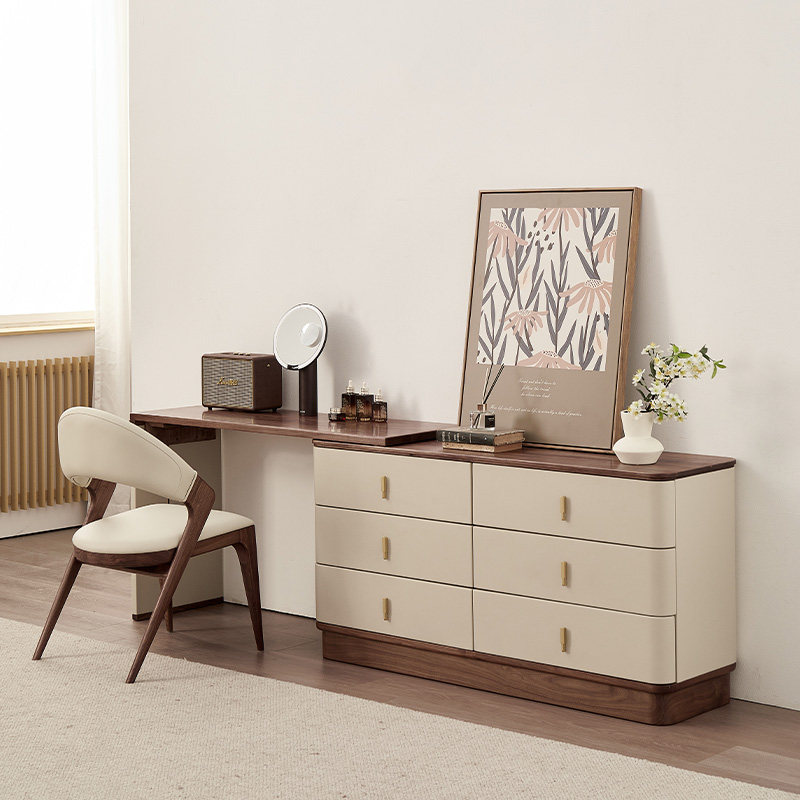 北美黑胡桃木斗柜梳妆台一体书桌卧室储物柜实木化妆台轻奢化妆桌