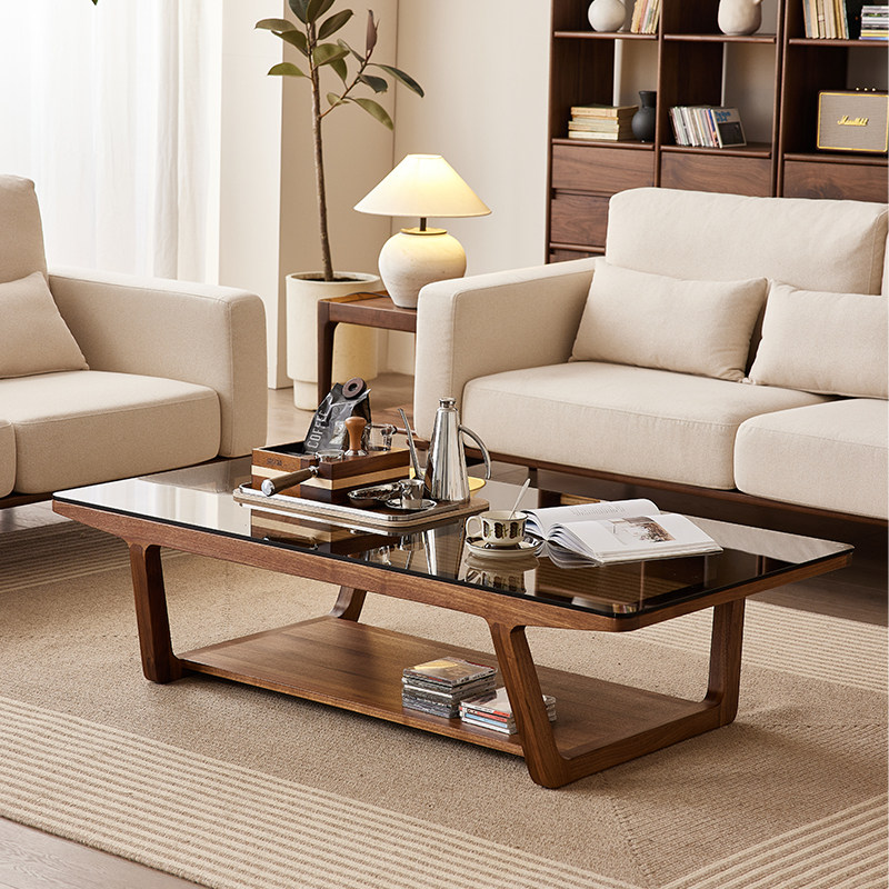 北美黑胡桃木玻璃茶几意式轻奢大户型茶几桌实木家用茶台客厅矮桌,住宅家具,茶几,淘宝优惠券,粉丝福利购,淘宝优惠卷