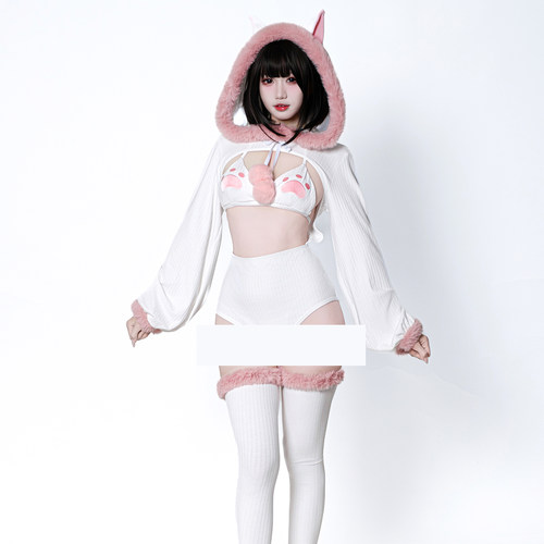 SENMHS 原创日系cos猫咪角色扮演服纯欲猫爪比基尼连帽连体衣弹力