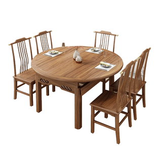 折叠餐桌北方榆木实木餐桌椅组合可伸缩圆形餐桌方变圆跳台餐桌