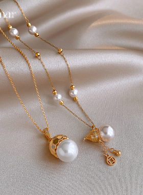 18k真金电镀锆石切面珍珠项链轻奢小众锁骨链法式复古气质项饰女