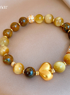 18k真金电镀复古虎眼石串珠爱心手链轻奢感手串时尚复古手饰