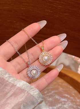 跨境爆款精致微镶大锆石吊坠项链女小众百搭气质高级感珍珠锁骨链