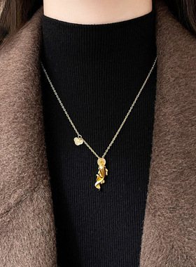 24k沙金锆石锦鲤小鱼铜钱锁骨链新中式个性吊坠复古优雅精致项饰
