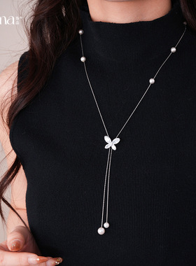 韩国时尚串珠锆石蝴蝶珍珠项链轻奢感毛衣链轻奢感项饰女