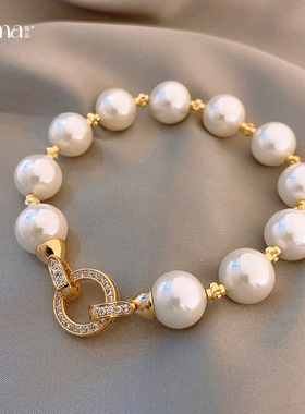 真金电镀锆石圆圈珍珠手链时尚气质手环百搭复古轻奢感手饰女