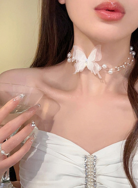 超仙蝴蝶镶钻缎带蝴蝶结珍珠项链甜美个性颈链时尚心项饰