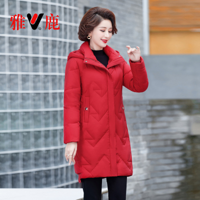 雅鹿中老年中长款羽绒服女