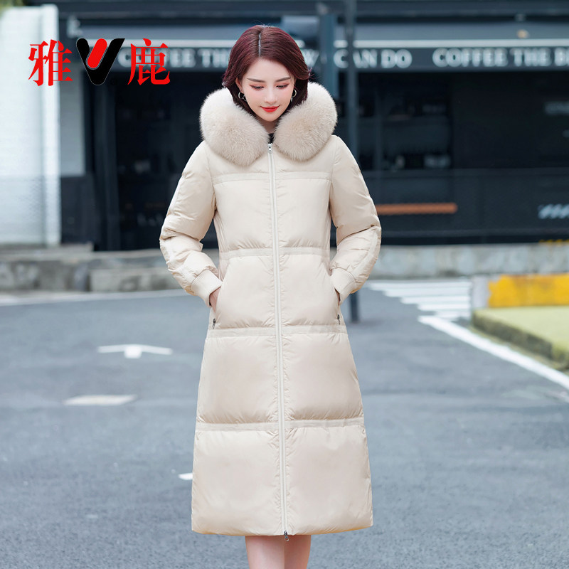 雅鹿中年妈妈装过膝长款羽绒服女加厚新款冬季连帽大毛领