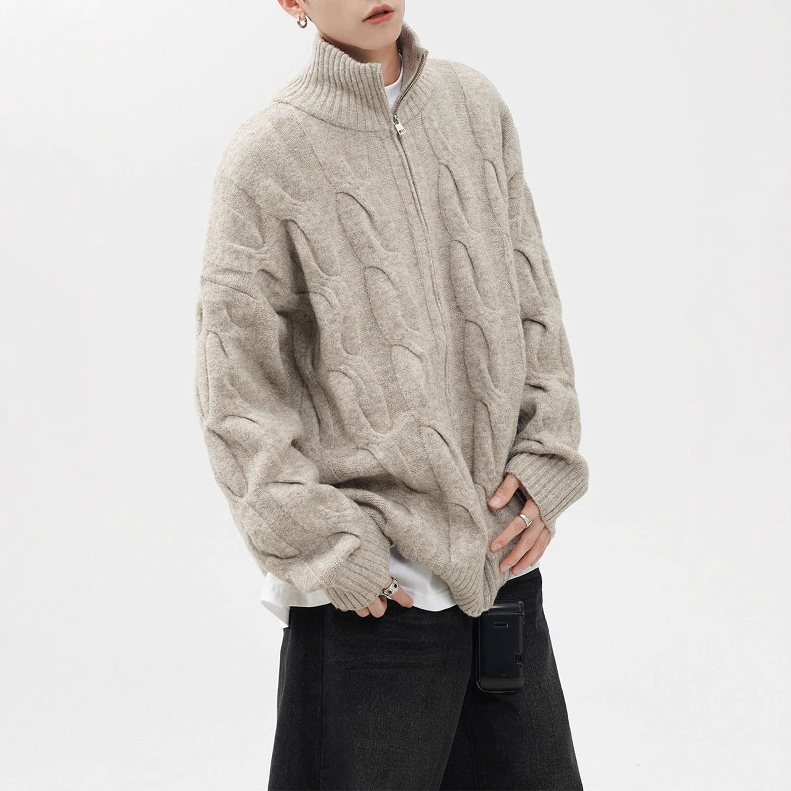 美式复古半高领麻花开衫毛衣男女冬季潮牌宽松休闲拉链针织衫外套,女装/女士精品,毛针织衫,淘宝优惠券,粉丝福利购,淘宝优惠卷