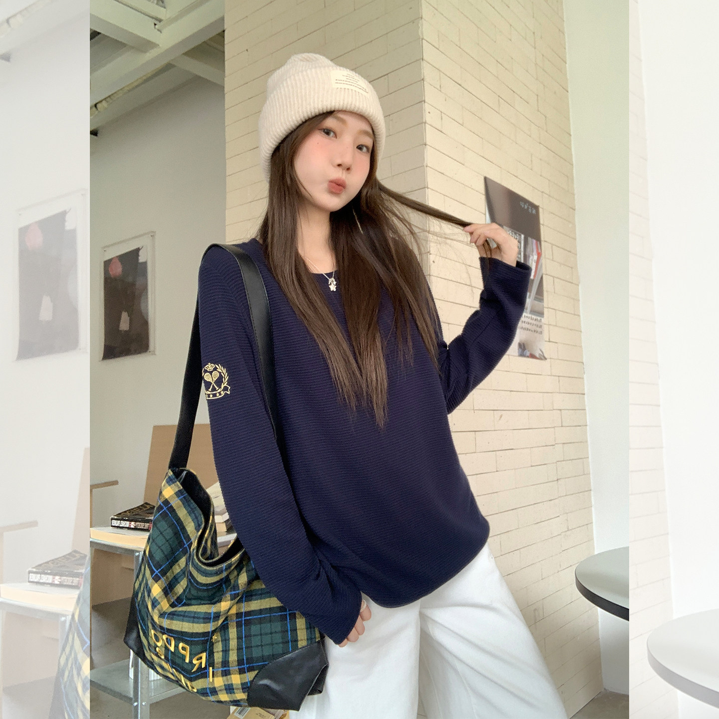 Wuuus 【网球俱乐部】华夫格长袖上衣女早秋灰色卫衣打底衫T恤