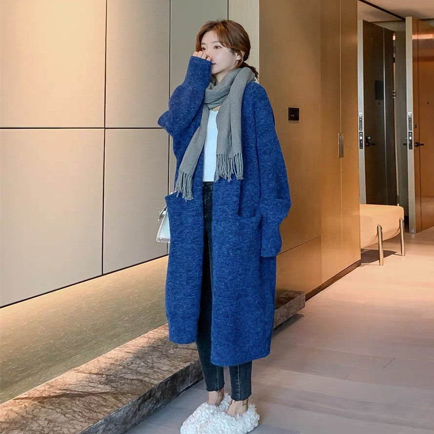 长款开衫外套女2025秋冬新款韩版宽松学生针织衫蓝色毛衣女外穿潮
