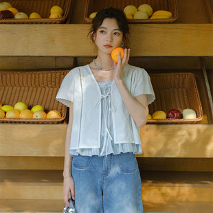 法式洋气小衫女夏季设计感时尚假两件系带花边刺绣镂空短袖衬衫女