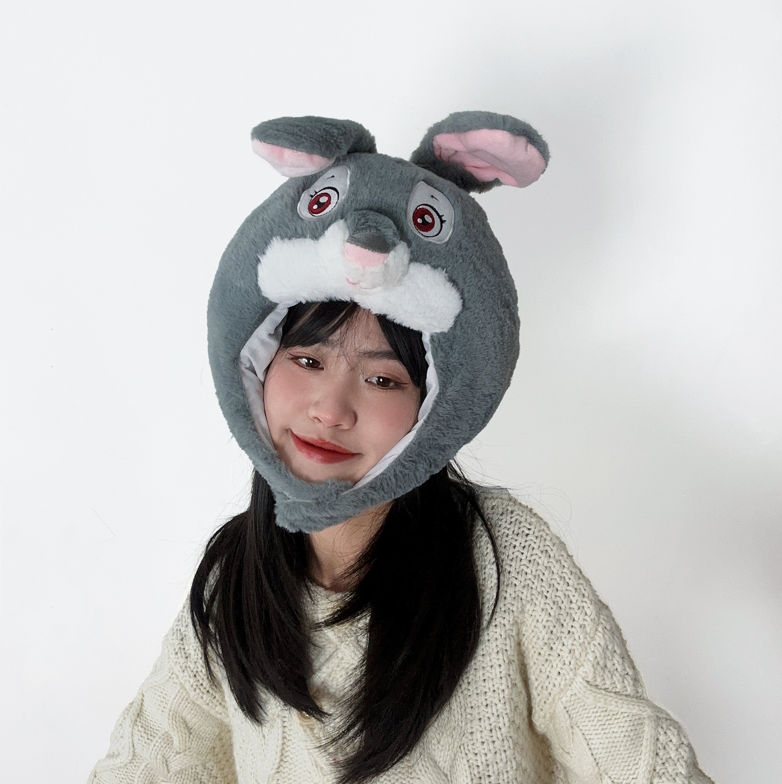 灰色兔子头套帽子甜美可爱毛绒图片