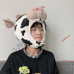 搞怪少女心可爱卡通毛绒牛马斑点黑白奶牛头套帽子拍照表演道具