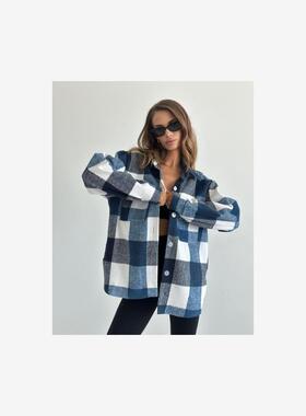 Women 2022 Fashion INS Style Loose Plaid Long Sleeve Jacket