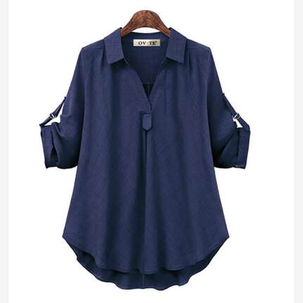 欧洲站春秋新款大码女装反折袖衬衫宽松显瘦中长款百搭衬衣 shirt