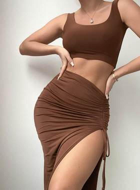 women's tube top top slit skirt suit抹胸上衣开叉半身裙套