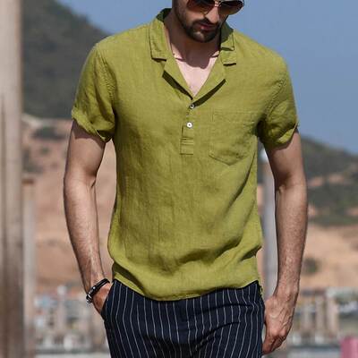 Summer Shirt Men Cotton Linen Hawaiian Shirts White 男衬衫