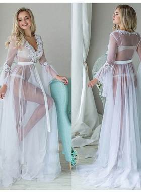 白色性感飘逸开襟长裙 小拖尾沙滩显瘦超仙连衣纱裙weddind dress