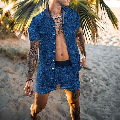 Men's Printed Shirt Casual Resort Shorts Set男士衬衫短裤